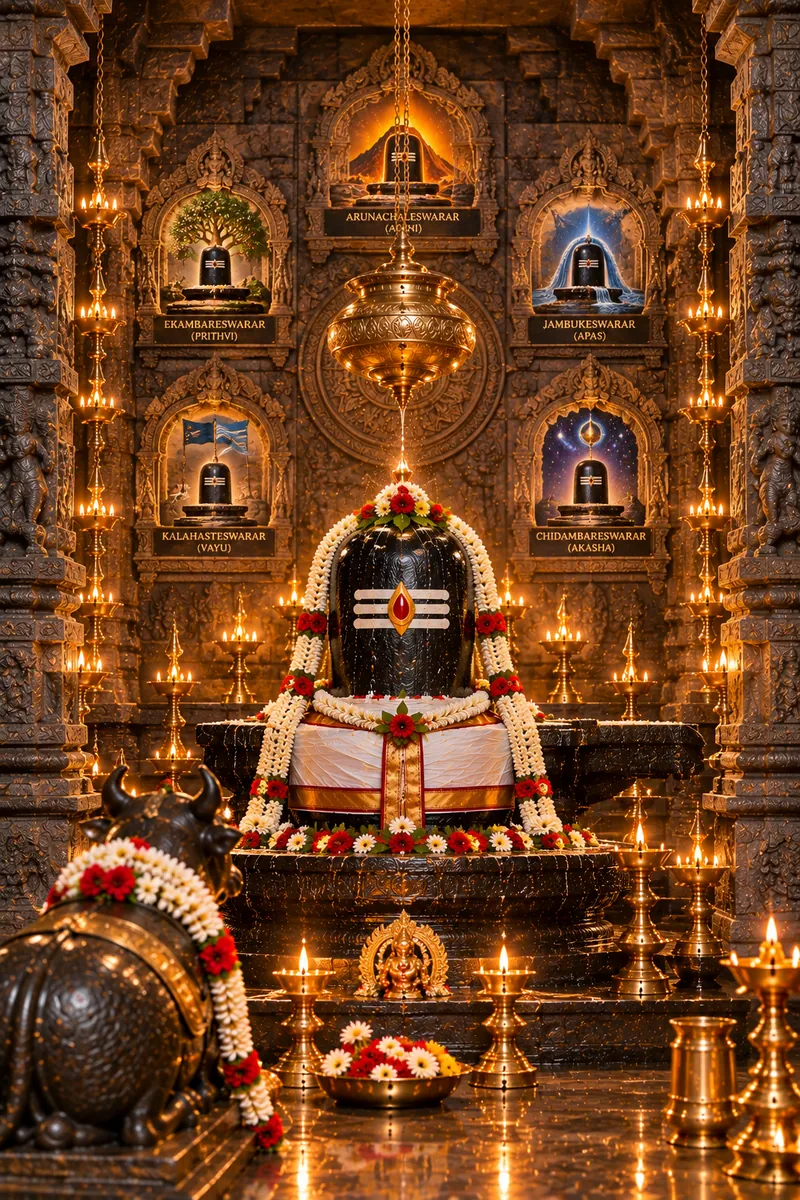 Sri Aathma Lingam in its sanctum, with the five Pancha Bhoota Lingams in niches on the wall behind and Nandi before it