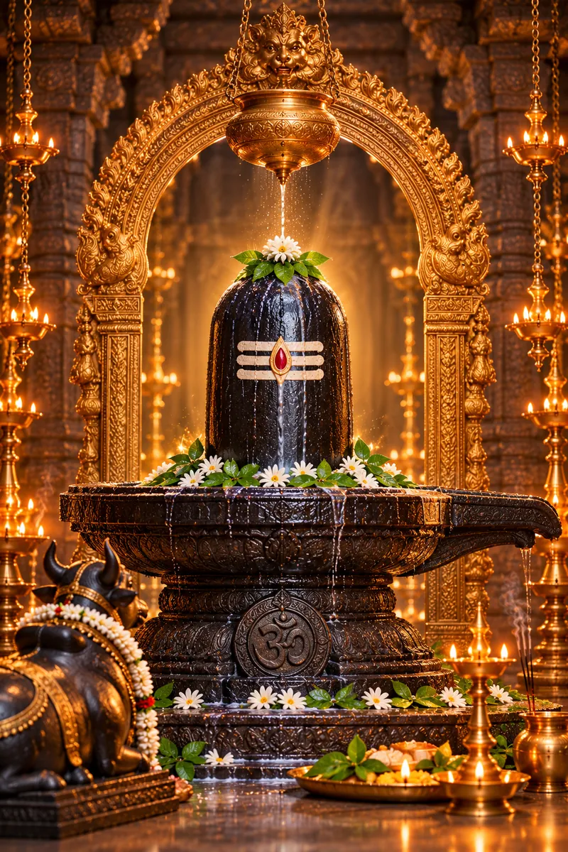 Sri Aathma Lingam on its peedam, adorned with vibhuti and flowers