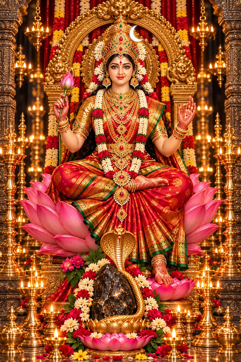 Sri Adhiparasakthi seated on a lotus with many arms, flanked by lions