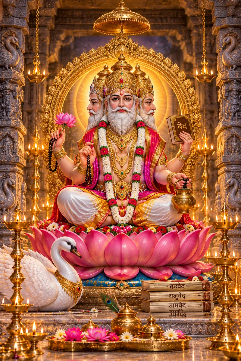 Sri Brahmadeva, four-faced and four-armed, seated on a lotus with the hamsa beside him