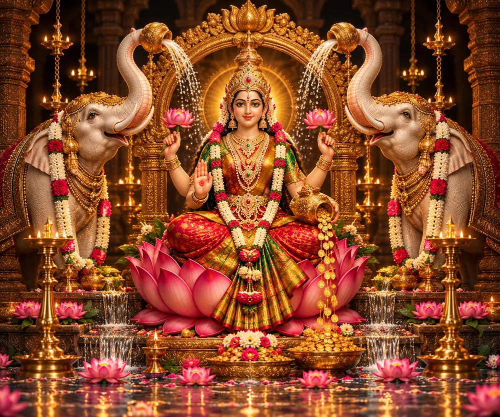 Gaja Lakshmi seated on a lotus, honoured by elephants pouring water