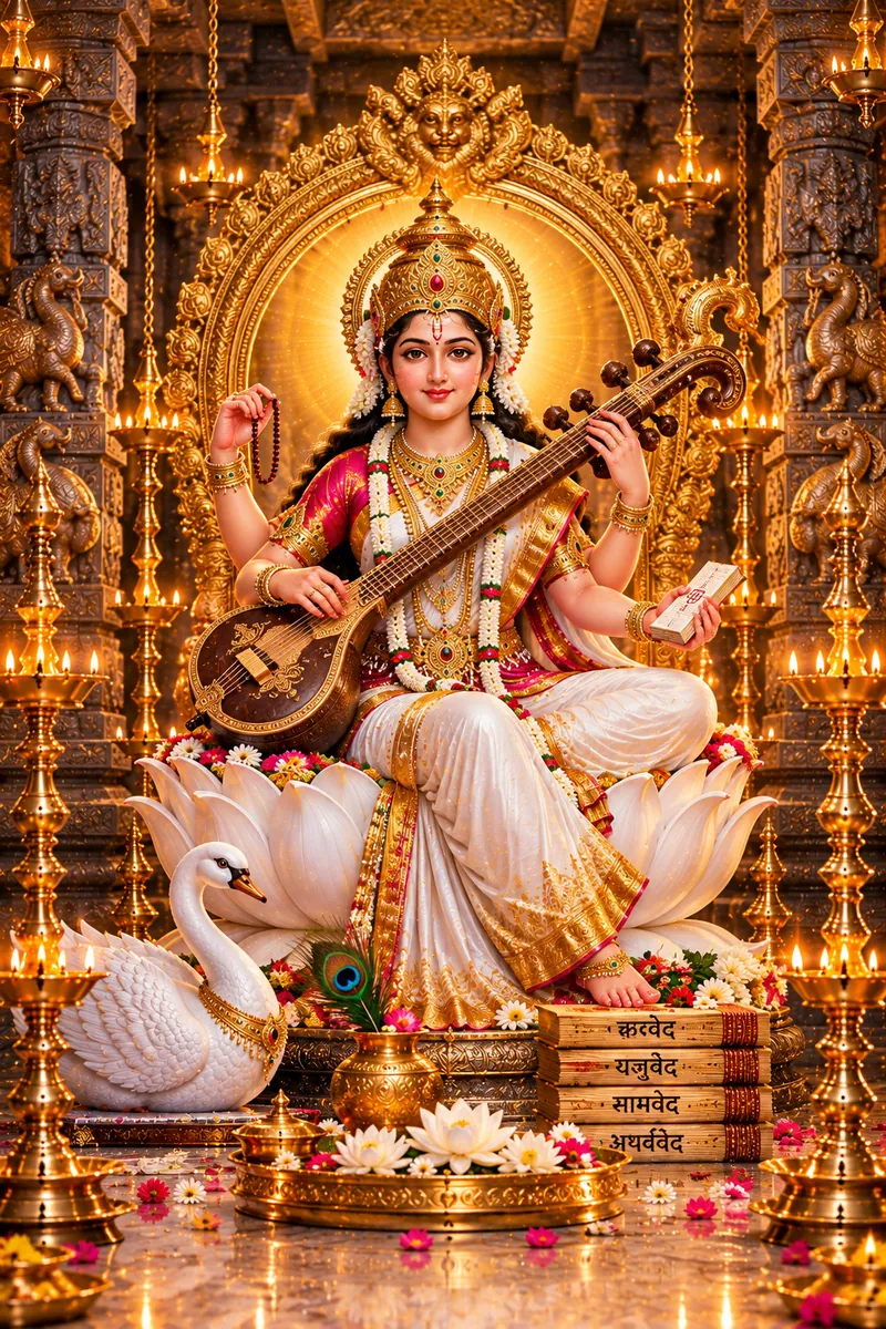Sri Maha Saraswathi seated on a lotus holding the veena, with a hamsa beside her