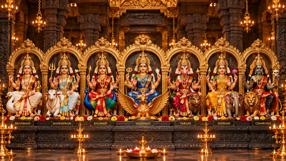 The seven Divine Mothers seated in a row in a golden shrine