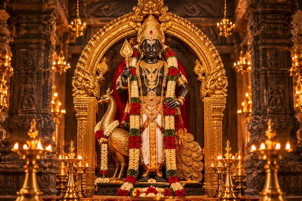 Sri Sivasubramaniya Swamy in Raja Alangaram with the Vel and peacock