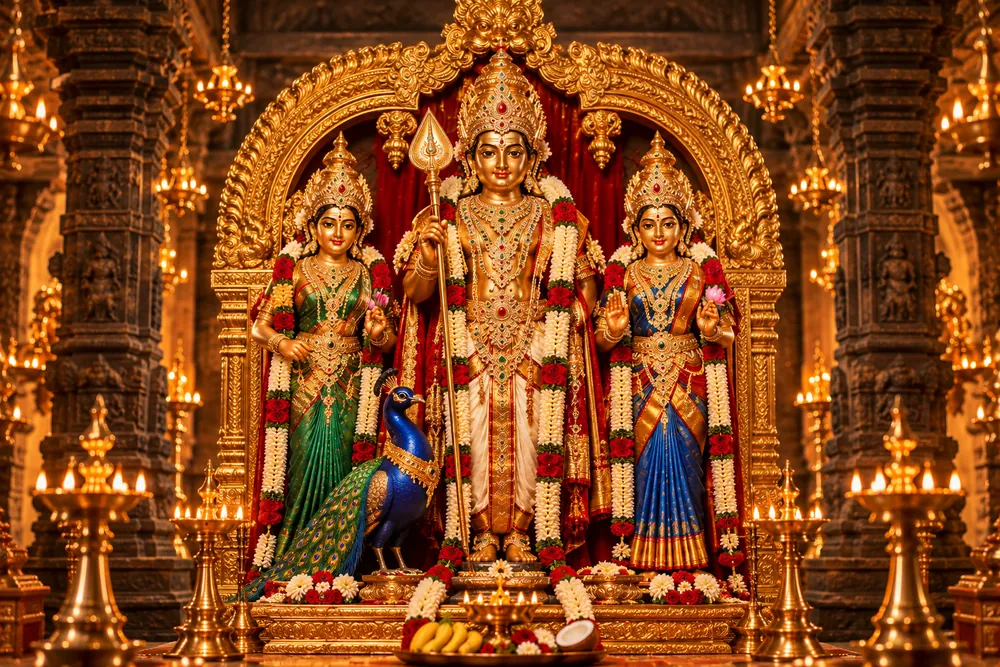 Sri Sivasubramaniya Swamy in Raja Alangaram holding the Vel, with Sri Valli and Sri Devasenai on either side