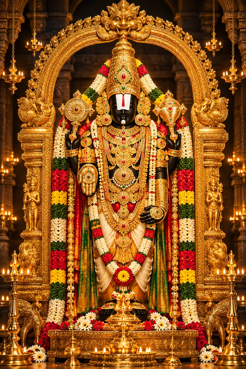 Sri Srinivasa Perumal standing in the sanctum, adorned with the Tirunamam, garlands and gold ornaments