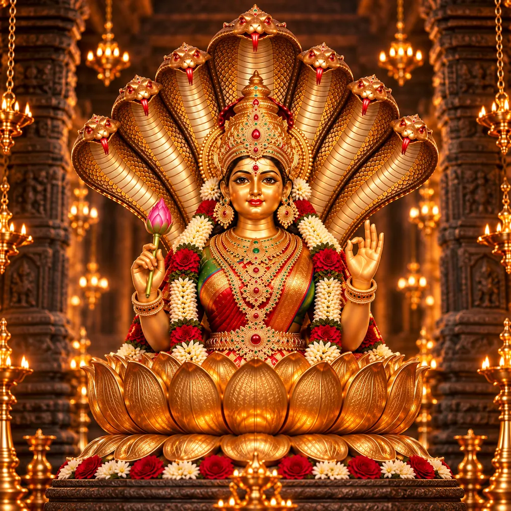 Sri Poovadaikaari Amman rising from a lotus peedam beneath a seven-headed naga, holding a lotus bud and showing Chin Mudra