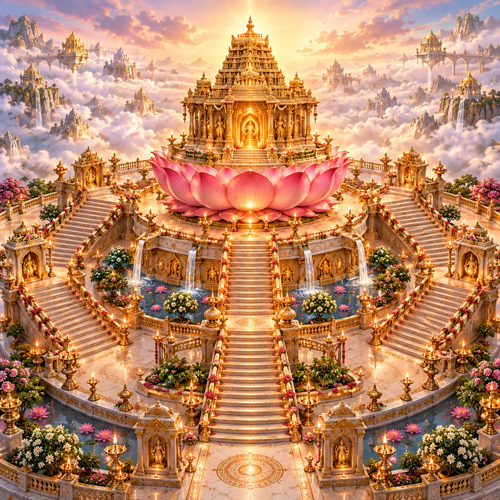 Architectural design of the planned Natpukovil temple: a golden vimanam on a lotus base above a broad flight of steps