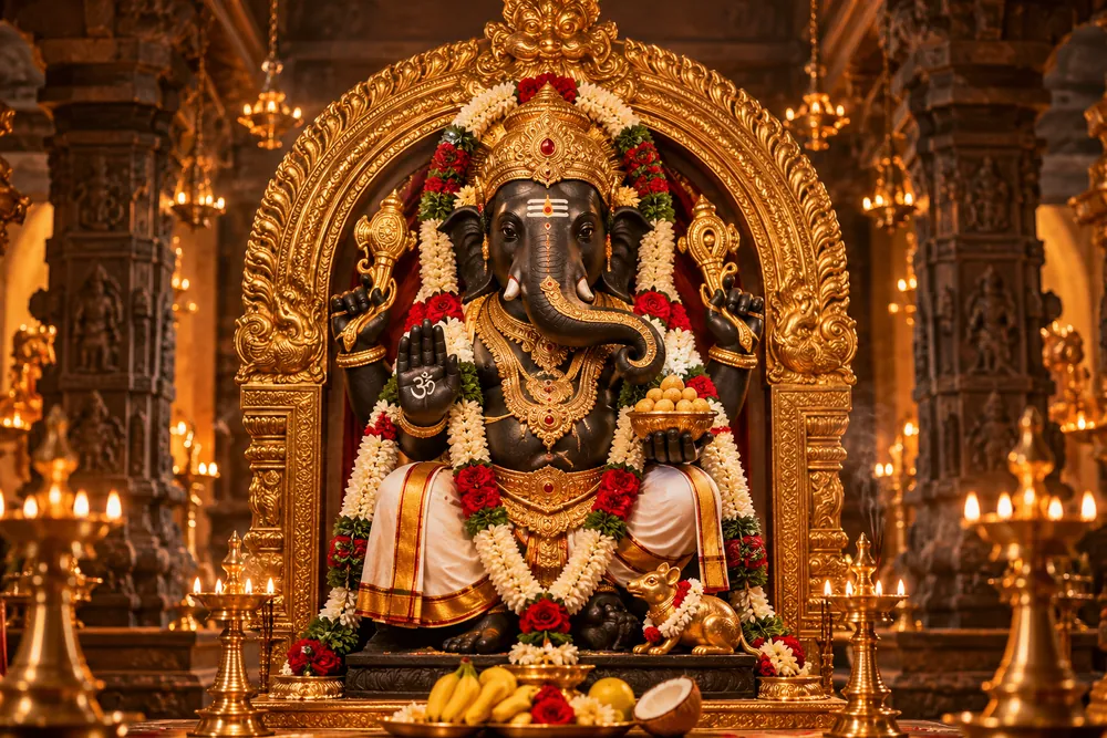 Sri Aanandha Vinayagar seated in a golden shrine, adorned with garlands and lit by oil lamps